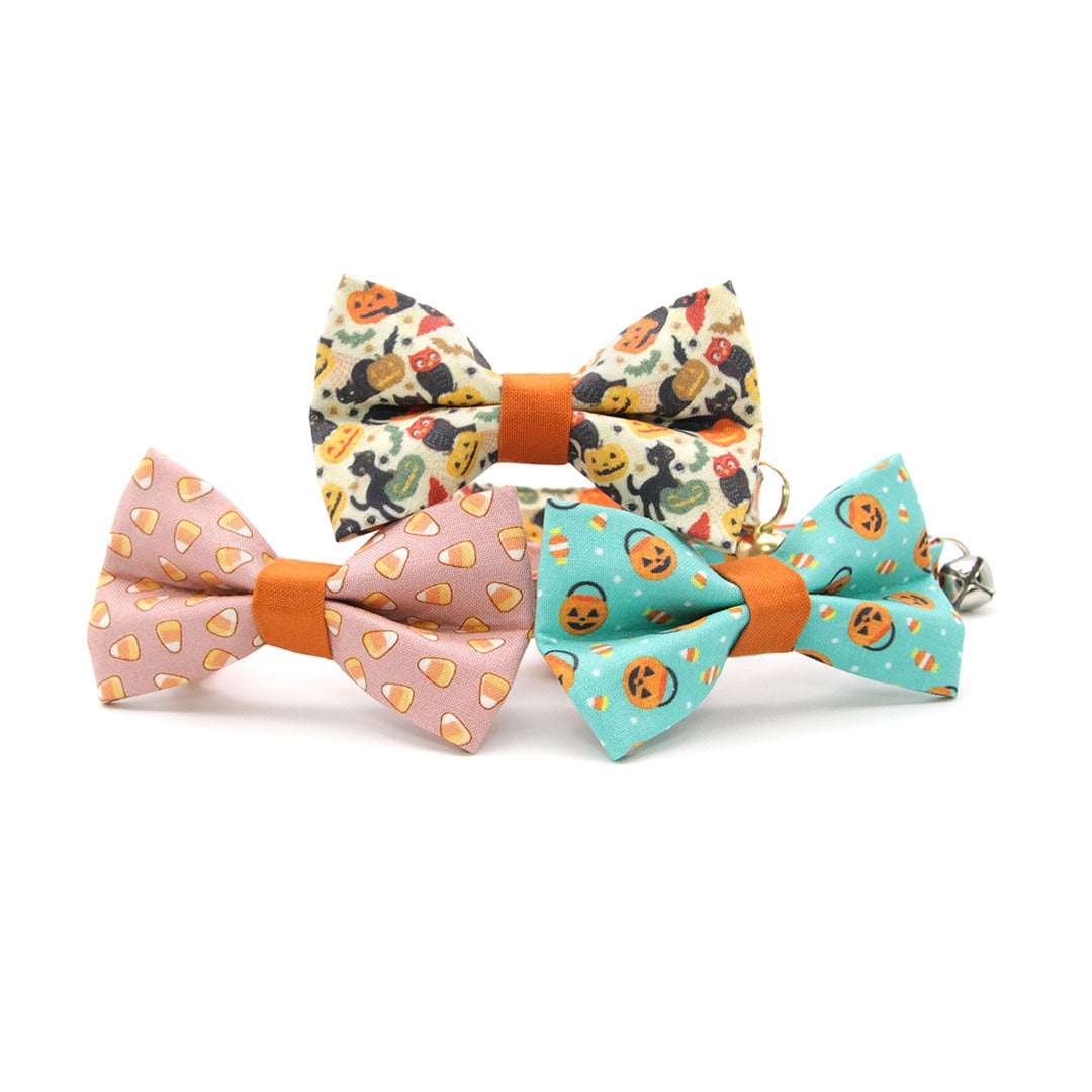 Bow Tie Cat Collar Set - "Sweet Tooth" - Halloween Pink Candy Corn Cat Collar w/ Matching Bowtie / Cat, Kitten, Small Dog Sizes