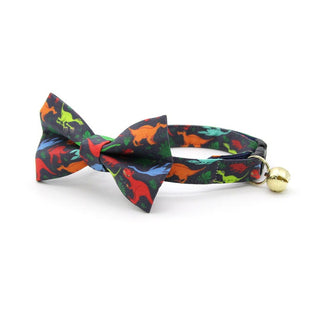Bow Tie Cat Collar Set - "Dinosaurus Rex" - Colorful Dinosaur Cat Collar w/ Matching Bowtie / Cat, Kitten, Small Dog Sizes - Kitten (6-10) / Breakaway / Gold