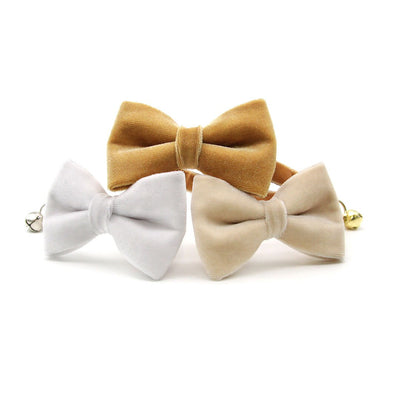 Bow Tie Cat Collar Set - "Velvet - Chantilly Cream" - Light Beige Ivory Velvet Cat Collar w/ Coordinating Bowtie / Cat, Kitten, Small Dog Sizes