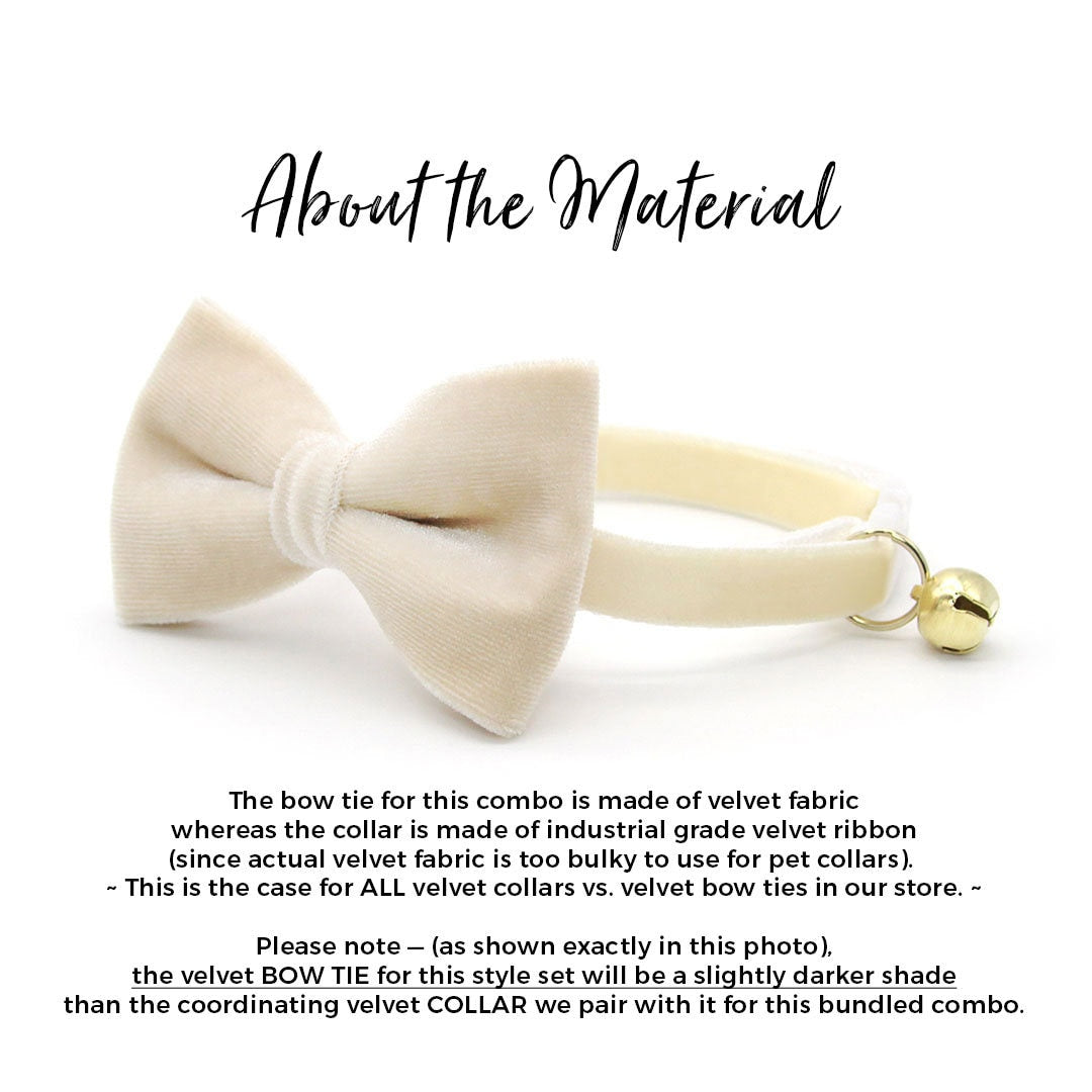 Bow Tie Cat Collar Set - "Velvet - Chantilly Cream" - Light Beige Ivory Velvet Cat Collar w/ Coordinating Bowtie / Cat, Kitten, Small Dog Sizes