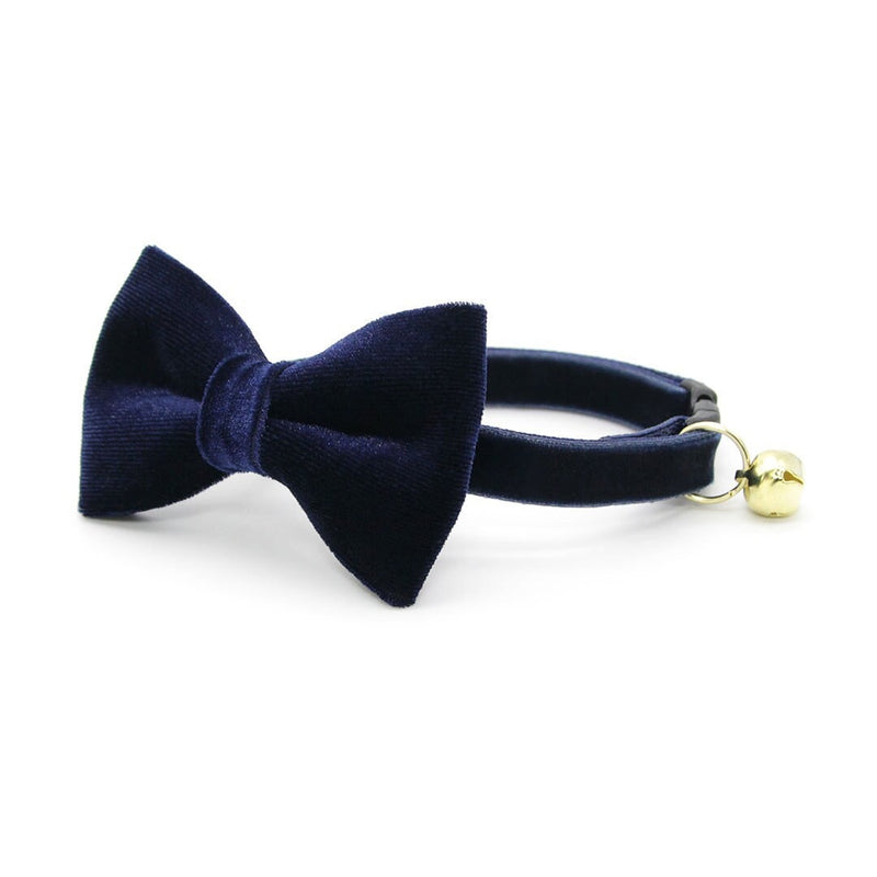 Bow Tie Cat Collar Set - "Velvet - Midnight Blue" - Dark Navy Blue Velvet Cat Collar w/ Matching Bowtie / Cat, Kitten, Small Dog Sizes