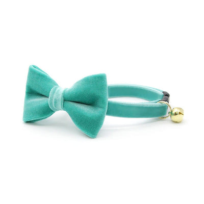 Bow Tie Cat Collar Set - "Velvet - Seafoam" - Light Turquoise Velvet Cat Collar w/ Matching Bowtie / Cat, Kitten, Small Dog Sizes