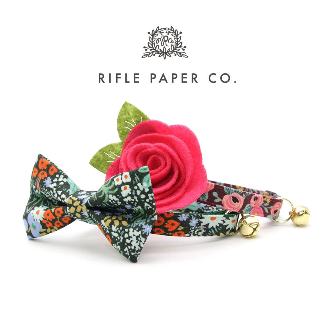 Cat Collar + Flower Set - "Meadow" - Rifle Paper Co® Green Floral Cat Collar w/ Teal Felt Flower (Detachable)