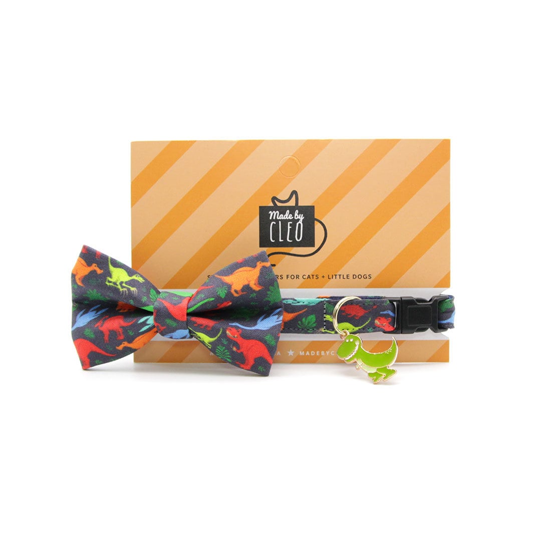 Cat Collar + Flower Set - "Dinosaurus Rex" - Colorful Dinosaur Cat Collar w/ Scarlet Red Felt Flower (Detachable)