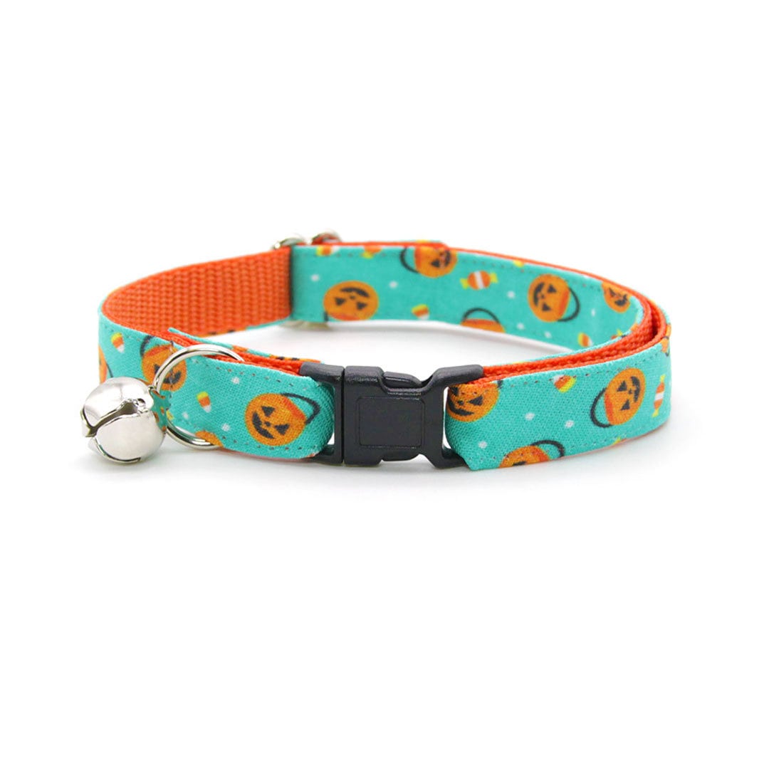 Cat Collar + Flower Set - "Party Pumpkins" - Halloween Cat Collar w/ Orange Felt Flower (Detachable)