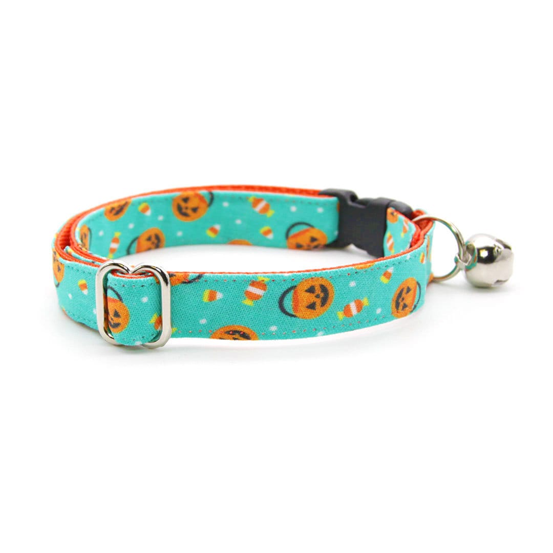 Cat Collar + Flower Set - "Party Pumpkins" - Halloween Cat Collar w/ Orange Felt Flower (Detachable)