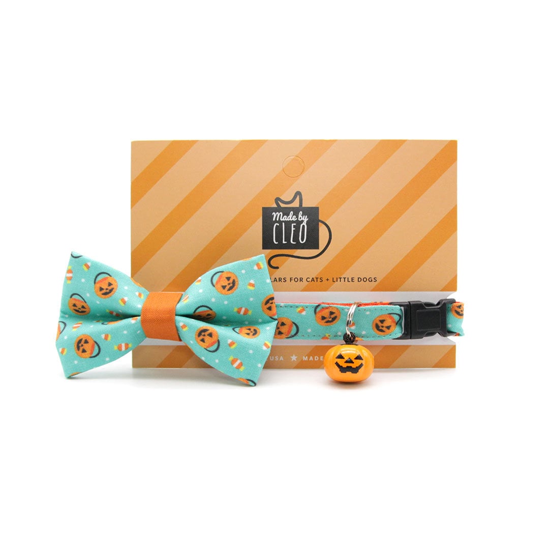 Cat Collar + Flower Set - "Party Pumpkins" - Halloween Cat Collar w/ Orange Felt Flower (Detachable)