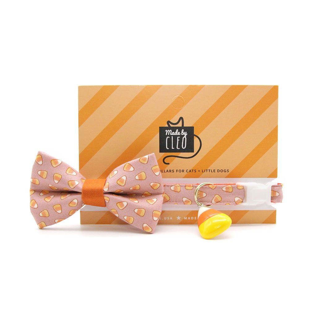 Cat Collar + Flower Set - "Sweet Tooth" - Halloween Pink Candy Corn Cat Collar w/ Pumpkin Orange Felt Flower (Detachable)
