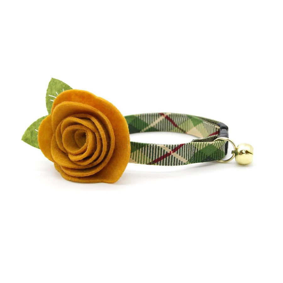 Cat Collar + Flower Set - "Linden" - Buttercream + Leaf Green Plaid Cat Collar w/ Mustard Gold Felt Flower (Detachable)