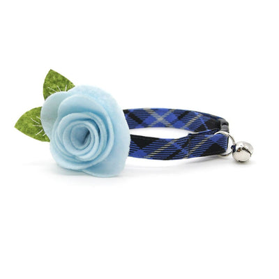 Cat Collar + Flower Set - "Pikes Peak" - Blue Plaid Cat Collar w/ Sky Blue Felt Flower (Detachable)