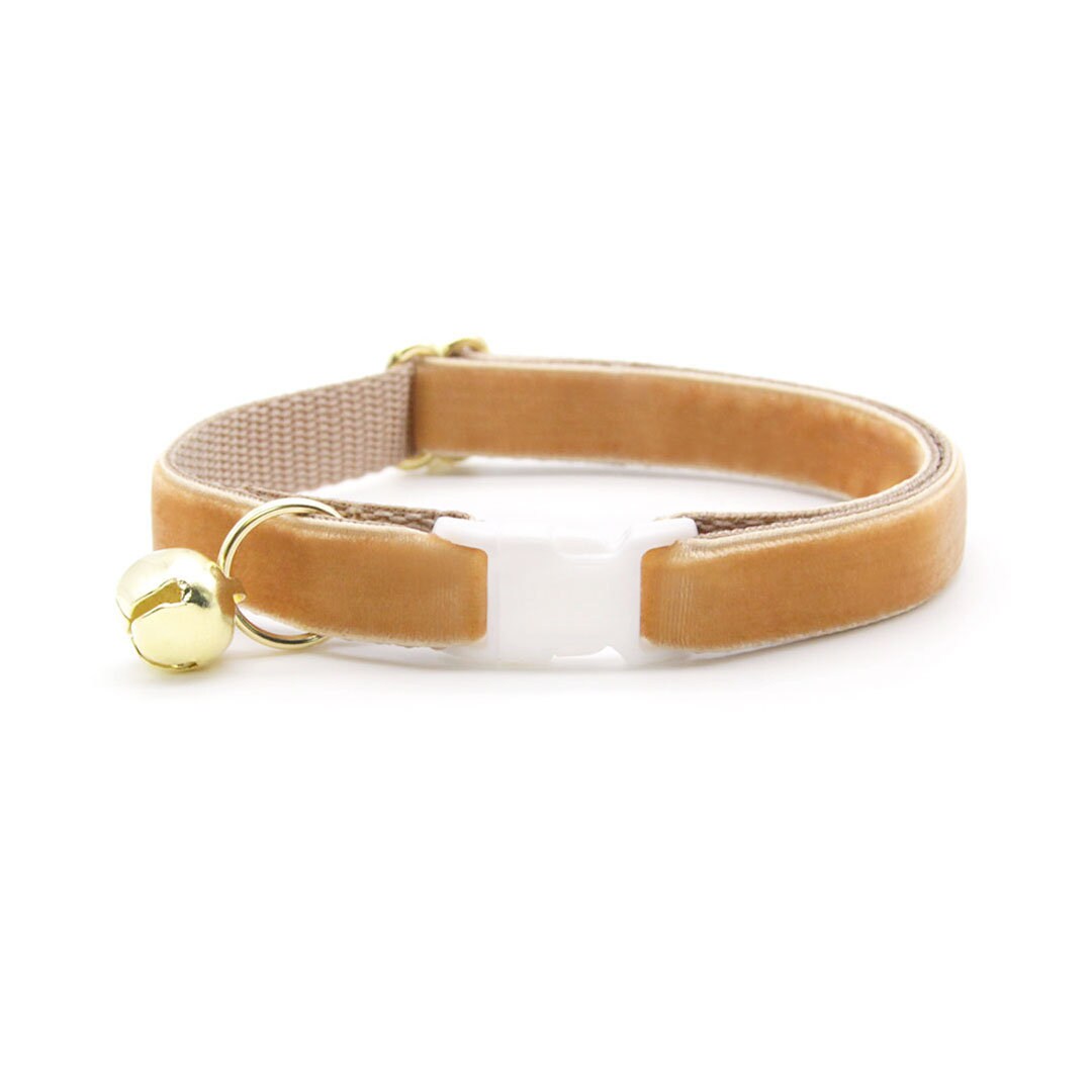 Cat Collar + Flower Set - "Velvet - Caramel" - Light Brown Sugar Gold Velvet Cat Collar w/ Mustard Gold Felt Flower (Detachable)