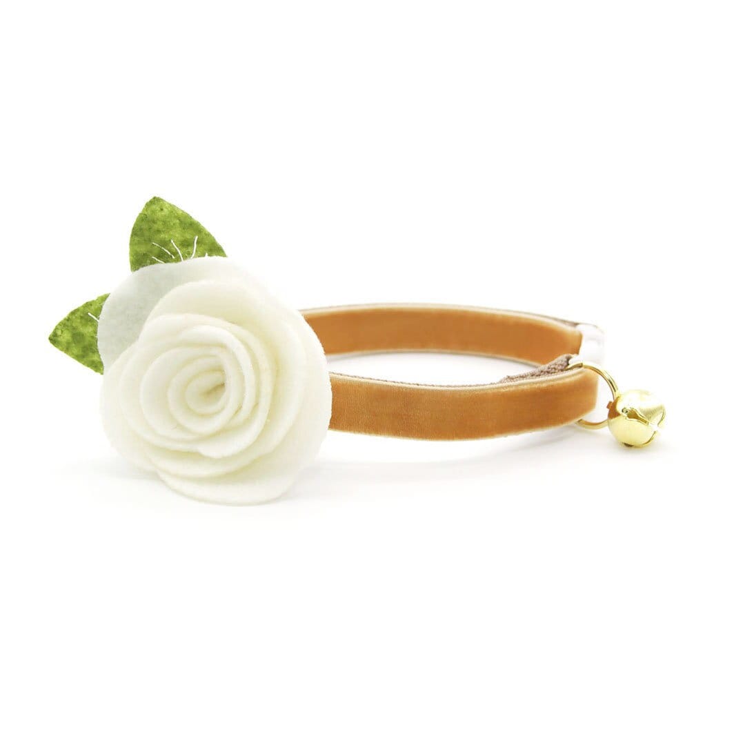 Cat Collar + Flower Set - "Velvet - Caramel" - Light Brown Sugar Gold Velvet Cat Collar w/Ivory Felt Flower (Detachable)