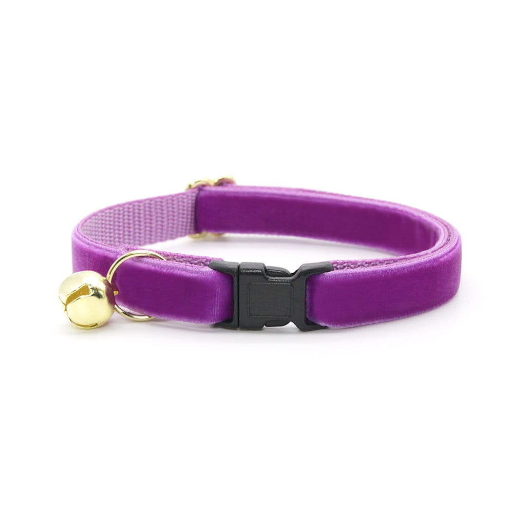 Cat Collar + Flower Set - "Velvet - Orchid" - Magenta Purple Velvet Cat Collar w/ Lavender Felt Flower (Detachable)