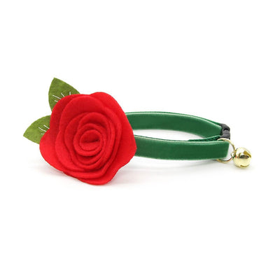 Cat Collar + Flower Set - "Velvet - Emerald Green" - Bright Holiday Green Velvet Cat Collar w/ Scarlet Red Felt Flower (Detachable)