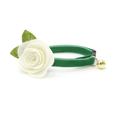 Cat Collar + Flower Set - "Velvet - Emerald Green" - Bright Holiday Green Velvet Cat Collar w/ Ivory Felt Flower (Detachable)