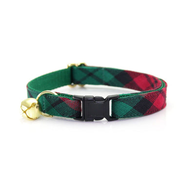 Cat Collar + Flower Set - "Fireside" - Red & Green Holiday Plaid Cat Collar + Specialty Christmas Red Poinsettia Felt Flower (Detachable)