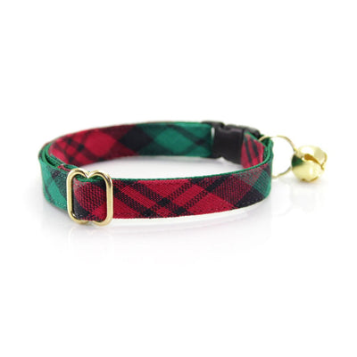 Cat Collar + Flower Set - "Fireside" - Red & Green Holiday Plaid Cat Collar + Specialty Christmas Red Poinsettia Felt Flower (Detachable)