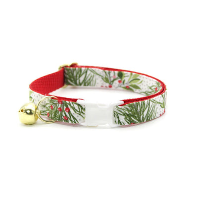 Cat Collar + Flower Set - "Pine & Berries" - Holiday Botanical Cat Collar + Specialty Christmas Red Poinsettia Felt Flower (Detachable)