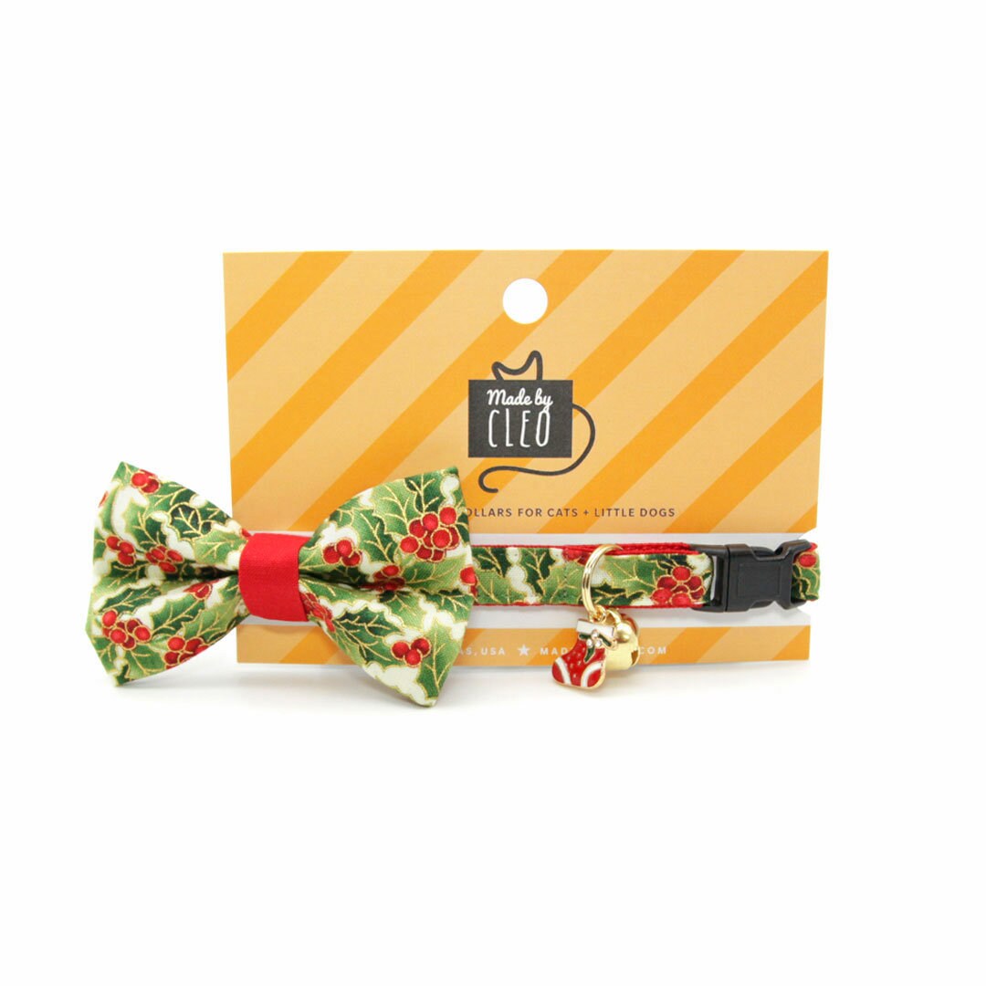 Christmas Cat Collar - "Holiday Holly" - Red Berries & Green Cat Collar / Breakaway Buckle or Non-Breakaway / Cat, Kitten + Small Dog Sizes