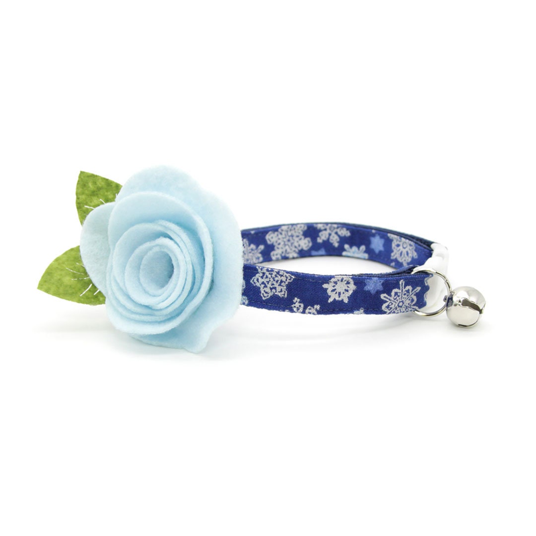 Winter Cat Collar - "Shimmering Snowflakes - Blue" - Metallic Silver & Blue Cat Collar / Solstice / Breakaway Buckle or Non-Breakaway / Cat, Kitten + Small Dog Sizes