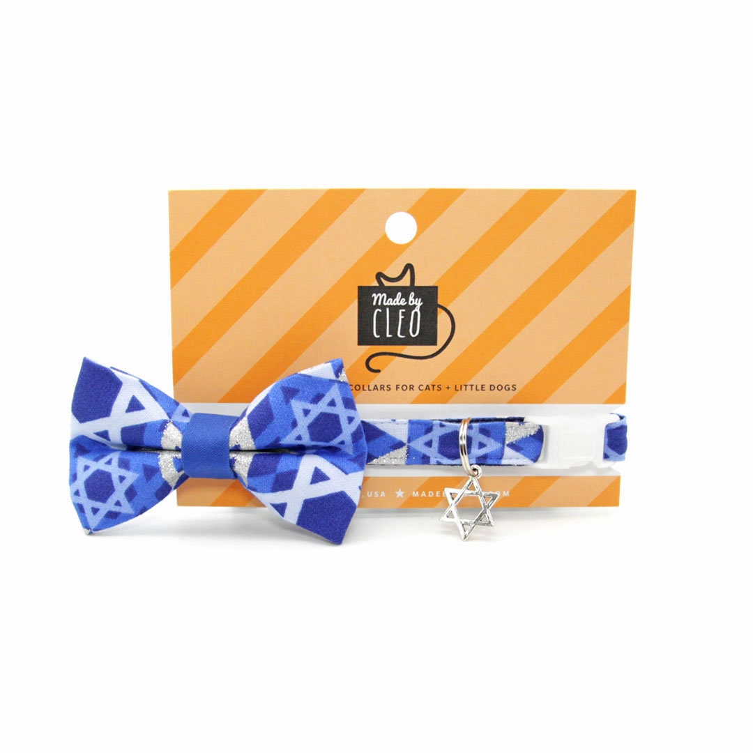 Hanukkah Cat Collar - "Star of David - Silver & Blue" - Jewish Cat Collar / Chanukah / Breakaway Buckle or Non-Breakaway / Cat, Kitten + Small Dog Sizes