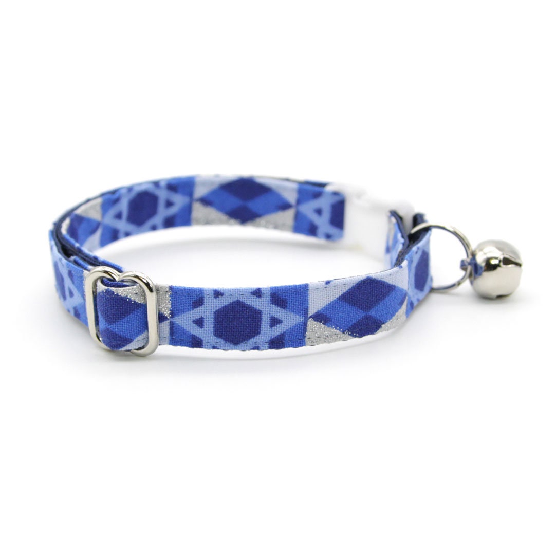 Hanukkah Cat Collar - "Star of David - Silver & Blue" - Jewish Cat Collar / Chanukah / Breakaway Buckle or Non-Breakaway / Cat, Kitten + Small Dog Sizes