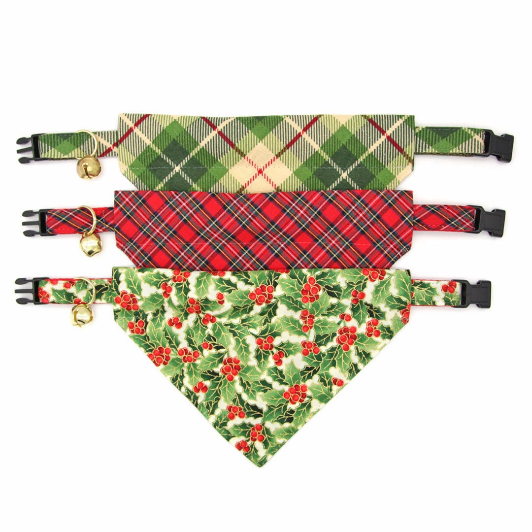 Pet Bandana - "Holiday Holly" - Christmas Red Berries & Green Bandana for Cat + Small Dog / Slide-on Bandana / Over-the-Collar (One Size)
