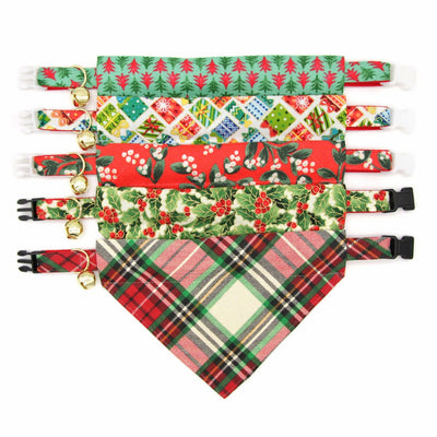 Pet Bandana - "Holiday Holly" - Christmas Red Berries & Green Bandana for Cat + Small Dog / Slide-on Bandana / Over-the-Collar (One Size)