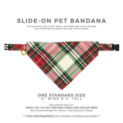 Pet Bandana - "Birchwood" - Red & Green Holiday Plaid Bandana for Cat + Small Dog / Christmas / Slide-on Bandana / Over-the-Collar (One Size)
