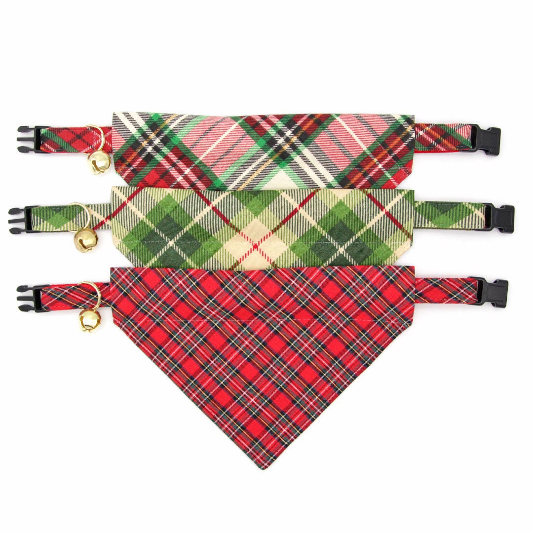 Pet Bandana - "Birchwood" - Red & Green Holiday Plaid Bandana for Cat + Small Dog / Christmas / Slide-on Bandana / Over-the-Collar (One Size)