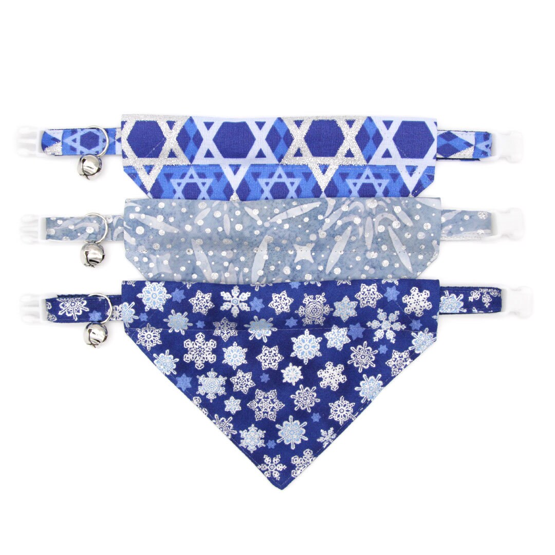 Pet Bandana - "Shimmering Snowflakes - Blue" - Silver & Blue Holiday Bandana for Cat + Small Dog / Winter Solstice / Slide-on Bandana / Over-the-Collar (One Size)