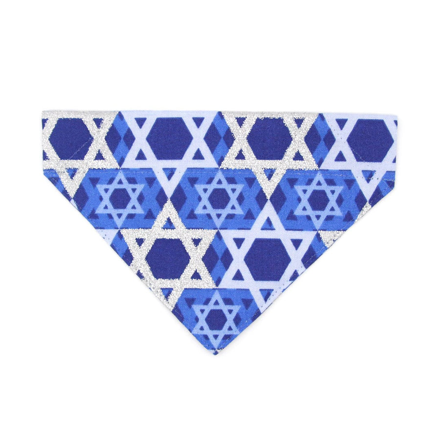 Pet Bandana - "Star of David - Silver & Blue" - Jewish Hanukkah Bandana for Cat + Small Dog / Jewish, Chanukah / Slide-on Bandana / Over-the-Collar (One Size)