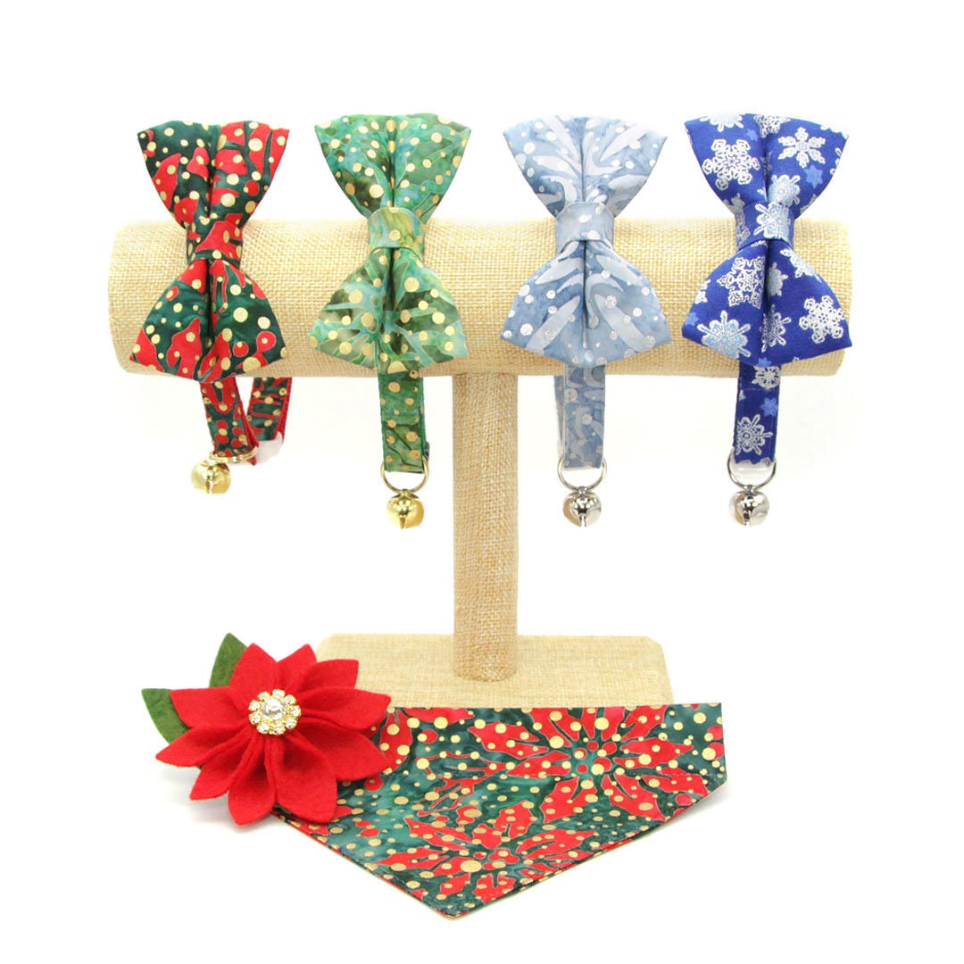 Bow Tie Cat Collar Set - "Shimmering Snowflakes - Blue" - Holiday Blue & Silver Metallic Cat Collar w/ Matching Bowtie / Winter Solstice / Cat, Kitten, Small Dog Sizes