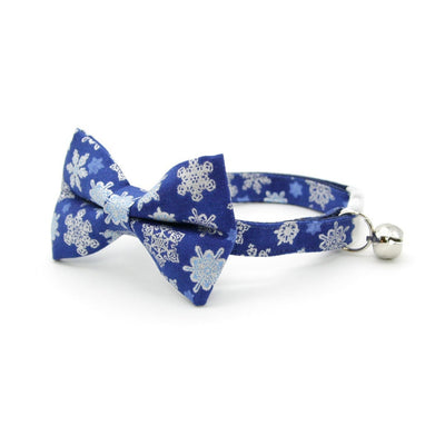 Bow Tie Cat Collar Set - "Shimmering Snowflakes - Blue" - Holiday Blue & Silver Metallic Cat Collar w/ Matching Bowtie / Winter Solstice / Cat, Kitten, Small Dog Sizes