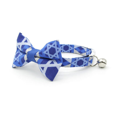 Bow Tie Cat Collar Set - "Star of David" - Silver & Blue Hanukkah Cat Collar w/ Matching Bowtie / Jewish, Chanukah / Cat, Kitten, Small Dog Sizes