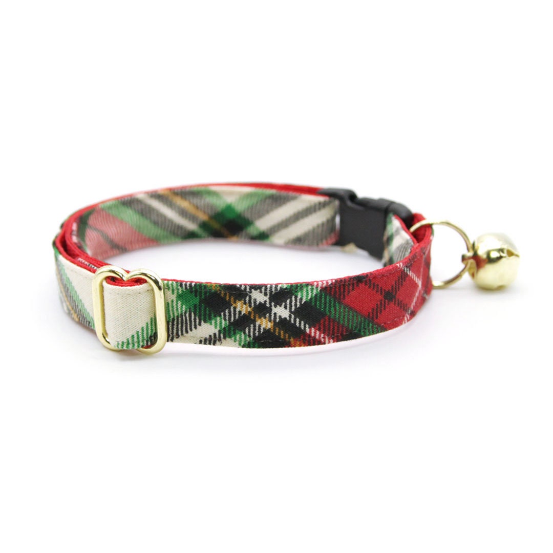 Cat Collar + Flower Set - "Birchwood" - Holiday Plaid Cat Collar w/ Scarlet Red Felt Flower (Detachable)