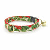 Cat Collar + Flower Set - "Holiday Holly" - Christmas Red Berries & Green Botanical Cat Collar w/ Scarlet Red Felt Flower (Detachable)