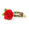 Cat Collar + Flower Set - "Holiday Holly" - Christmas Red Berries & Green Botanical Cat Collar w/ Scarlet Red Felt Flower (Detachable)