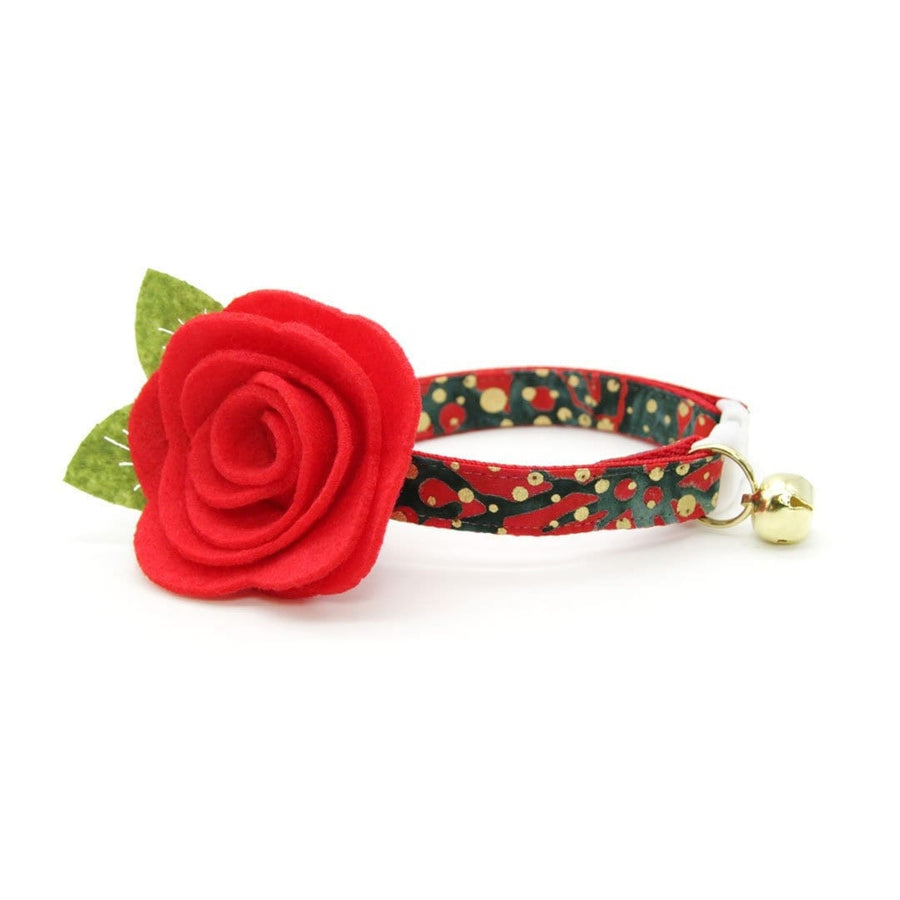Cat Collar + Flower Set - "Joy" - Red Green & Gold Dot Christmas Cat Collar w/ Scarlet Red Felt Flower (Detachable)