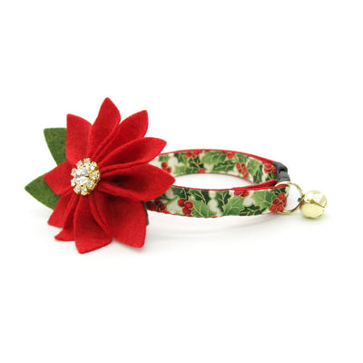 Cat Collar + Flower Set - "Holiday Holly" - Christmas Red Berries & Green Cat Collar + Specialty Christmas Red Poinsettia Felt Flower (Detachable)