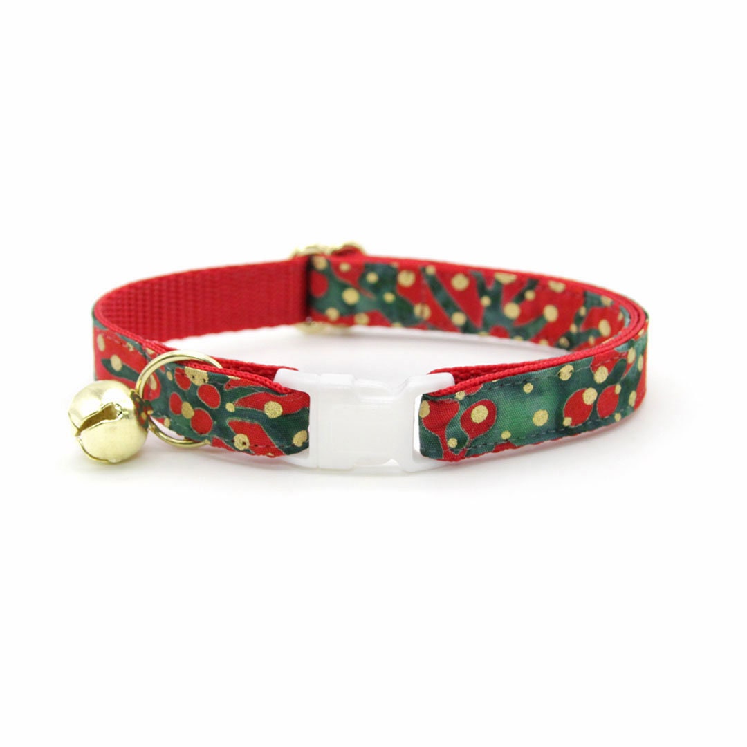 Cat Collar + Flower Set - "Joy" - Red Green & Metallic Gold Dot Christmas Cat Collar + Specialty Christmas Red Poinsettia Felt Flower (Detachable)