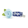 Cat Collar + Flower Set - "Shimmering Snowflakes - Blue" - Winter Metallic Silver & Blue Cat Collar w/ Sky Blue Felt Flower (Detachable)