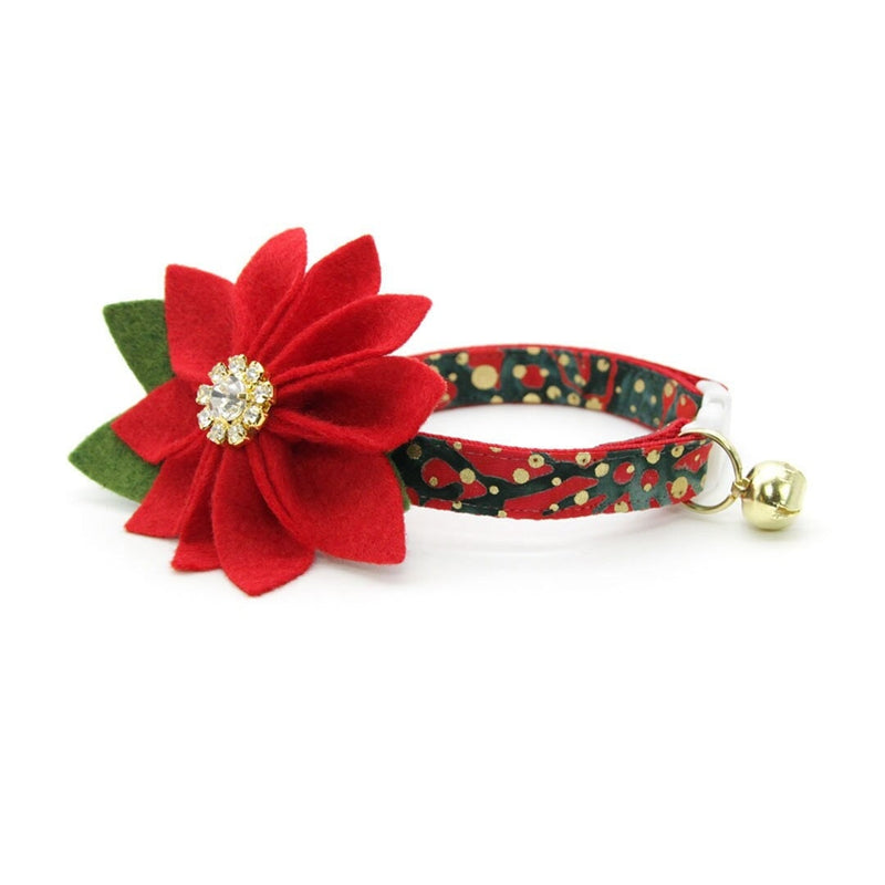 Cat Collar + Flower Set - "Joy" - Red Green & Metallic Gold Dot Christmas Cat Collar + Specialty Christmas Red Poinsettia Felt Flower (Detachable)