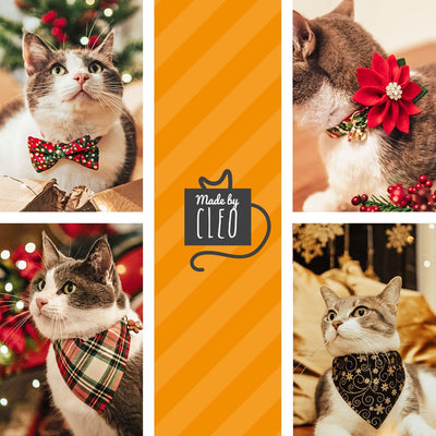 Cat Collar + Flower Set - "Hearthside" - Christmas Tartan Plaid Red Cat Collar + Specialty Christmas Red Poinsettia Felt Flower (Detachable)