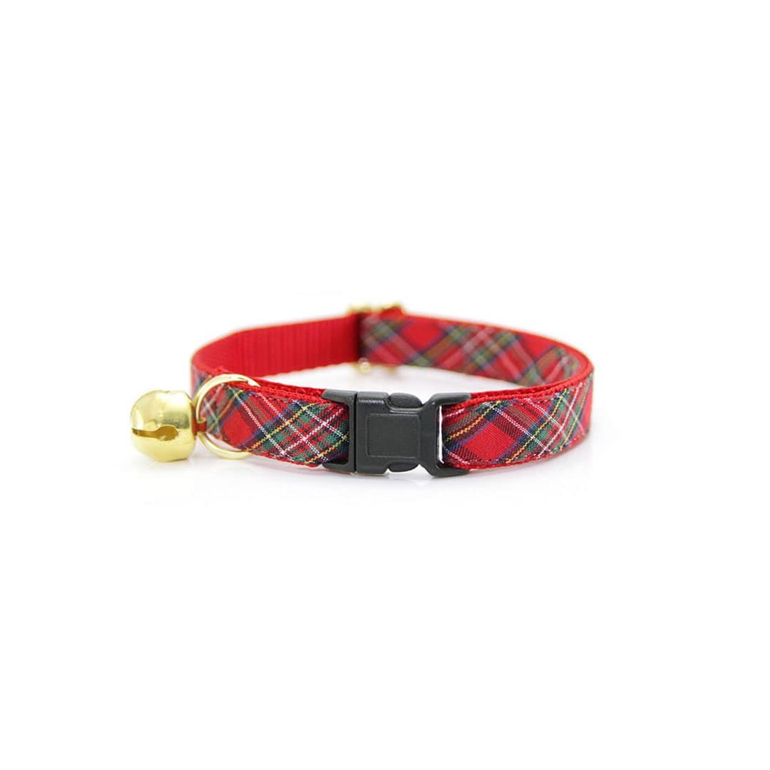 Cat Collar + Flower Set - "Hearthside" - Christmas Tartan Plaid Red Cat Collar + Specialty Christmas Red Poinsettia Felt Flower (Detachable)