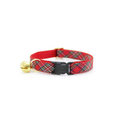 Cat Collar + Flower Set - "Hearthside" - Christmas Tartan Plaid Red Cat Collar + Specialty Christmas Red Poinsettia Felt Flower (Detachable)