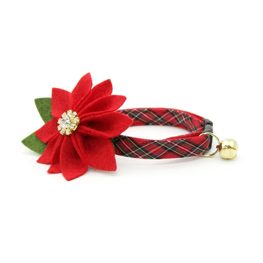 Cat Collar + Flower Set - "Hearthside" - Christmas Tartan Plaid Red Cat Collar + Specialty Christmas Red Poinsettia Felt Flower (Detachable)