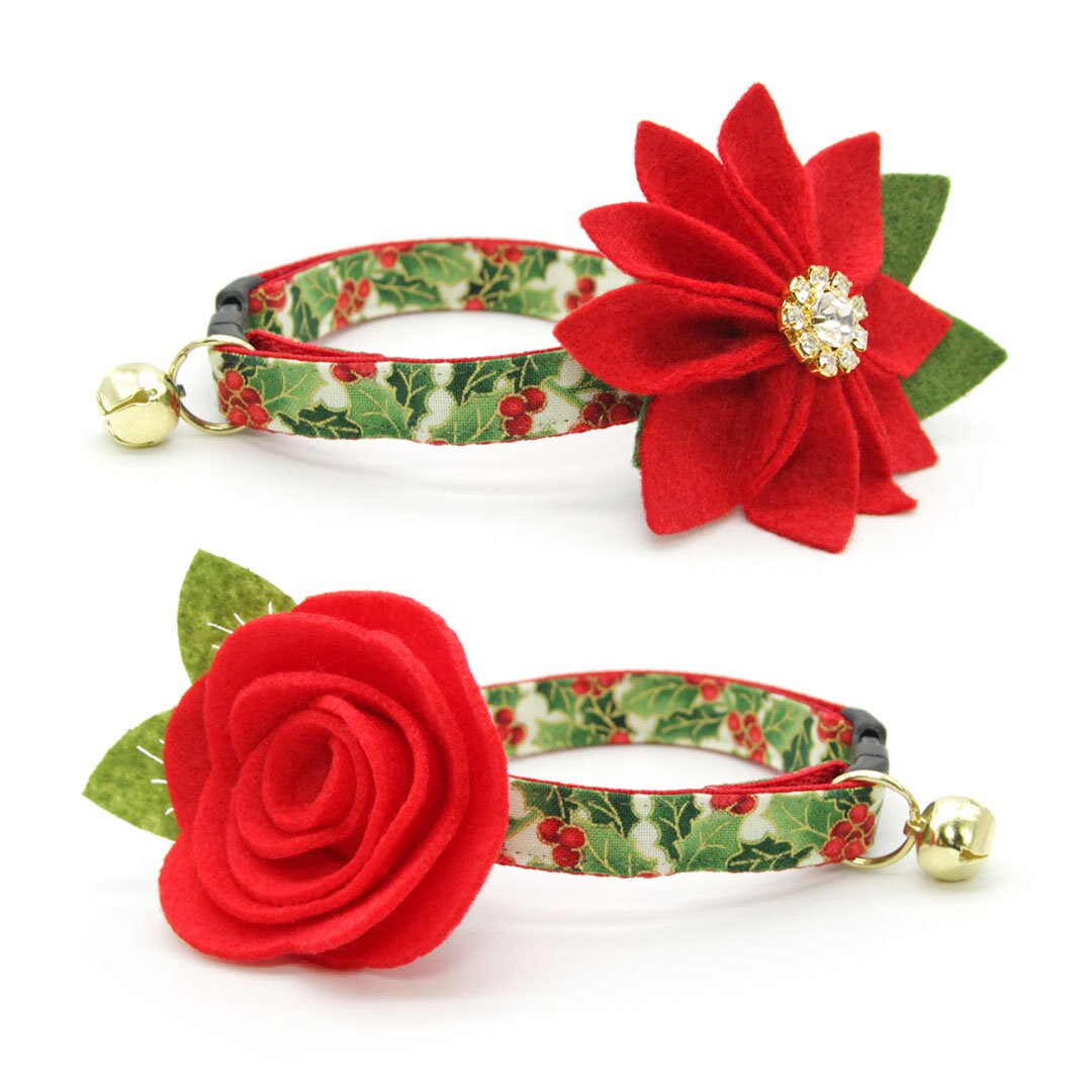 Christmas Cat Collar - "Holiday Holly" - Red Berries & Green Cat Collar / Breakaway Buckle or Non-Breakaway / Cat, Kitten + Small Dog Sizes