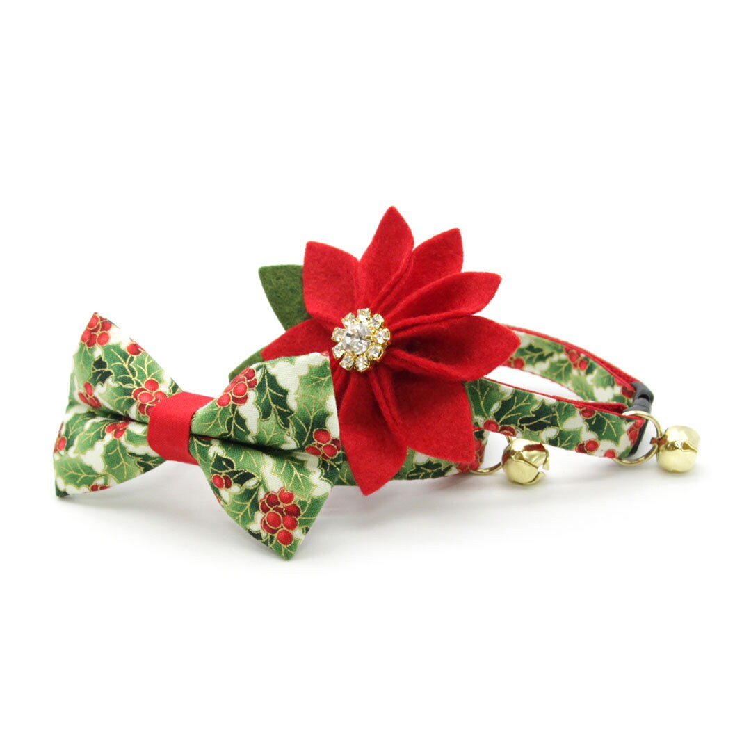 Christmas Cat Collar - "Holiday Holly" - Red Berries & Green Cat Collar / Breakaway Buckle or Non-Breakaway / Cat, Kitten + Small Dog Sizes