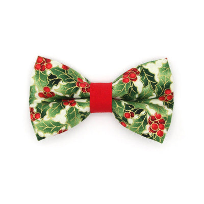 Pet Bow Tie - "Holiday Holly" - Christmas Botanical Red Berries & Green Cat Bow Tie / For Cats + Small Dogs (One Size)